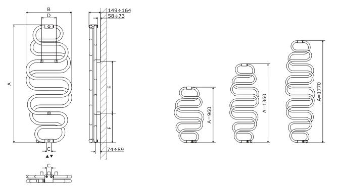 Grzejnik TERMA PERŁA L=50cm, H=136cm, 328W, przyłącze ZX, chrom G-PER-13-5-CR-ZX-00