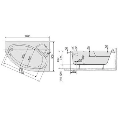 Wanna narożna SANPLAST COMFORT 140x90 prawa 610060015001000