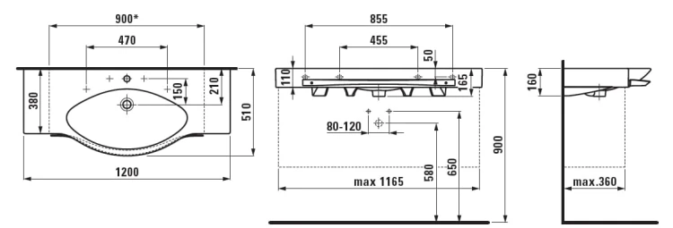 Umywalka LAUFEN PALACE 120x51cm, z relingiem, biała H8127040001041
