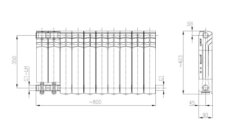 Grzejnik aluminiowy KFA GRUPA ARMATURA G350F, grzejnik 10 żeber, H=35cm, biały 790-100-44