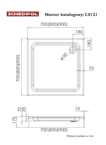 Brodzik kwadratowy SCHEDPOL GRANDO PLUS 70x17cm, biały 3.0121