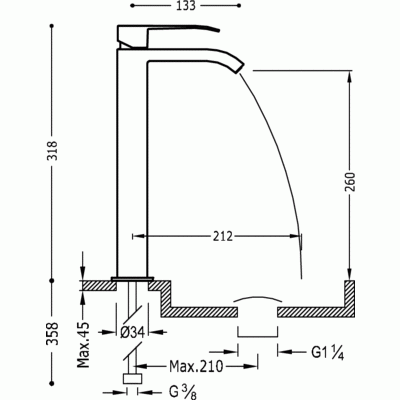 Bateria umywalkowa TRES CUADRO z kaskadą, wysoka H=31,8 cm bez korka chrom 00681001