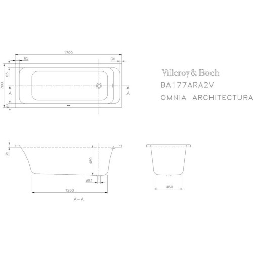 Wanna prostokątna VILLEROY&BOCH OMNIA ARCHITECTURA Duo 170x70cm, biała BA177ARA2V-01