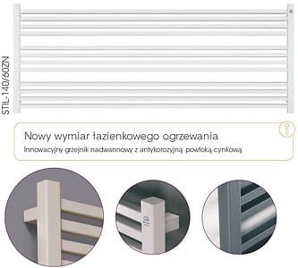 Grzejnik łazienkowy INSTAL PROJEKT STICK LEVEL 140x55cm, moc 639W, podłączenie dolne, biały STIL-140/60ZN