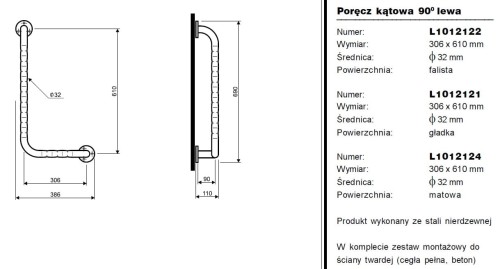Poręcz KOŁO LEHNEN kątowa kąt 90 chrom falista lewa 306x610 L1012122
