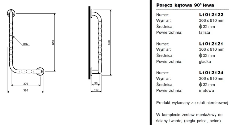Poręcz KOŁO LEHNEN kątowa kąt 90 chrom falista lewa 306x610 L1012122