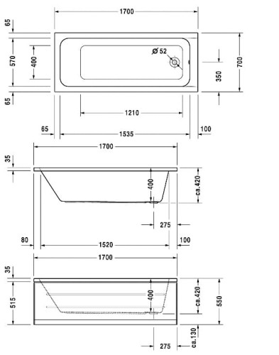 Wanna prostokątna DURAVIT D-CODE 170x70cm 700098000000000