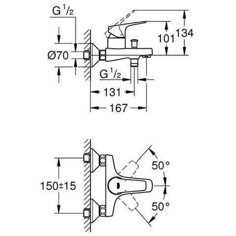 Bateria wannowa GROHE BAUFLOW ścienna, chrom 23756000