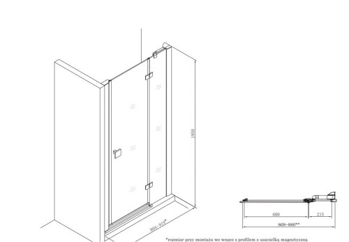 Drzwi prysznicowe ROCA METROPOLIS 90cm, z polem stałym, H=195cm, MaxiClean, chrom AMP3409012M