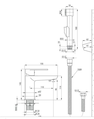 Bateria umywalkowa DEANTE  ALPINIA stojąca, ze słuchawką bidettą, chrom BGA 027M