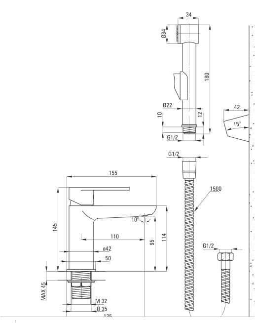 Bateria umywalkowa DEANTE  ALPINIA stojąca, ze słuchawką bidettą, chrom BGA 027M