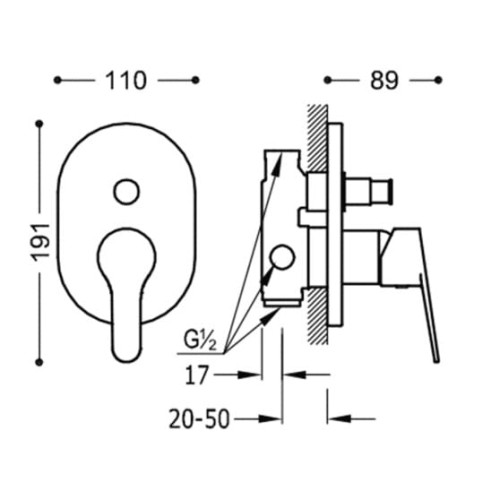 Bateria natryskowa TRES  BASE podtynkowa, 2-funkcyjna, chrom 21518001