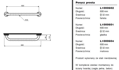 Poręcz KOŁO LEHNEN prosta ścienna chrom falista L600 L1000602