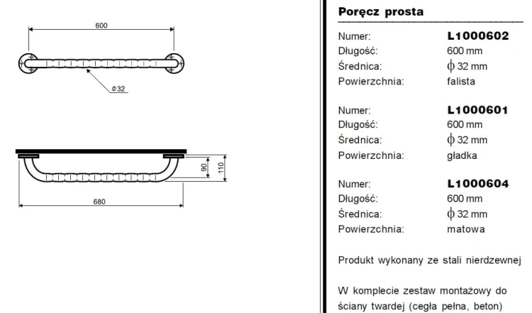 Poręcz KOŁO LEHNEN prosta ścienna chrom falista L600 L1000602