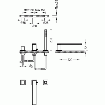 Bateria wannowa TRES CUADRO 3 otworowa, uchwyt kwadrat, chrom - 00616104