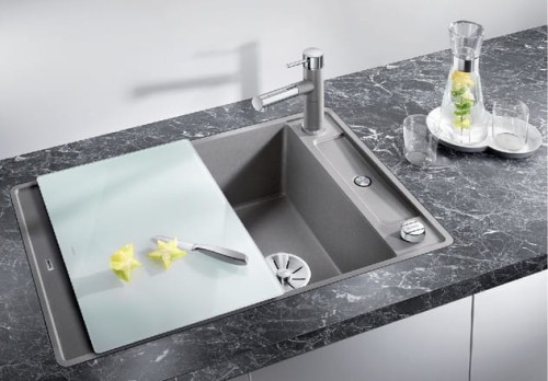 Zlewozmywak granitowy BLANCO AXIA III 45 S-F 77x50 cm, z korkiem aut., antracyt, PuraDur 523199