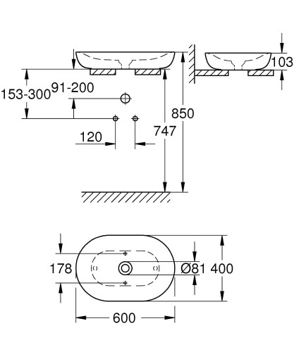 Umywalka nablatowa GROHE ESSENCE  60x40 b/otw b/przel. z kor. cer., biała  PG  3960800H