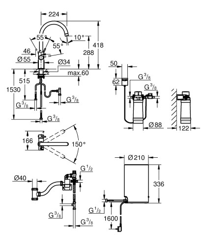 Bateria kuchenna GROHE RED DUO + Bojler M 4L 230V + Filtr, chrom 30083001