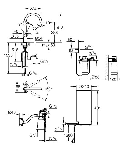 Bateria kuchenna GROHE RED DUO + bojler rozm.L 7L 230V + filtr, chrom 30079001