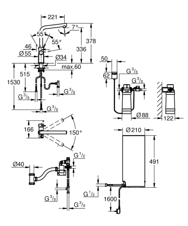 Bateria kuchenna GROHE RED DUO + bojler rozm.L 8L 230V + filtr, stal nierdzewna 30325DC1