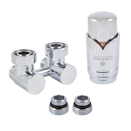 Zestaw przyłączy grzejnika SCHLOSSER EXCLUSIVE kątowy, z głowicą termostatyczną, chrom 601000024