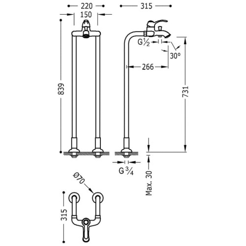 Bateria wannowa CLASIC TRES wolnostojąca chrom 24219402