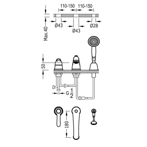 Bateria wannowa MONOCLASIC TRES stojąca chrom 24214501