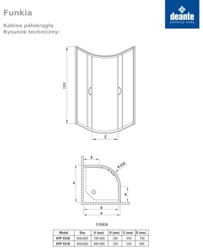 Kabina półokrągła DEANTE FUNKIA 90cm, szkło transparentne R=55, chrom KYP 051K
