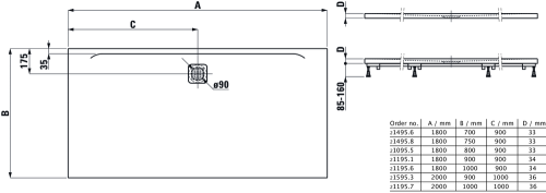 Brodzik prostokątny LAUFEN PRO 180x90cm, odpł.FI90, Marbond biały  H2119510000001