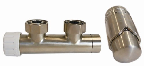 Zestaw przyłączy grzejnika SCHLOSSER DUO-PLEX, kątowy, 3/4 M22x1,5 lewy z nyplami 1/2x3/4, z głowicą, stal 602100015