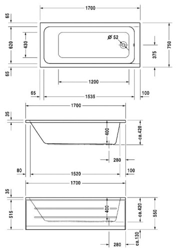 Wanna prostokątna DURAVIT D-CODE 170x75cm 700100000000000