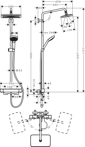 Komplet prysznicowy HANSGROHE CROMA 280 z ramieniem prysznicowym, chrom 27630000