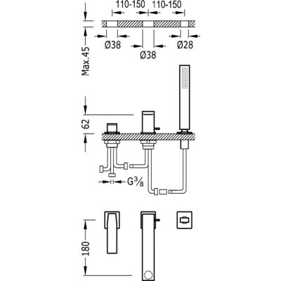 Bateria wannowa SLIM- TRES, 3-otworowa, chrom 20216101