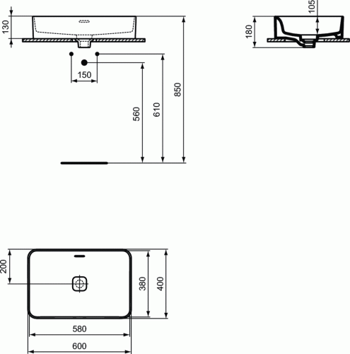 Umywalka nablatowa IDEAL STANDARD STRADA II 60x40cm, prostokątna, bez otworu, biała T299901