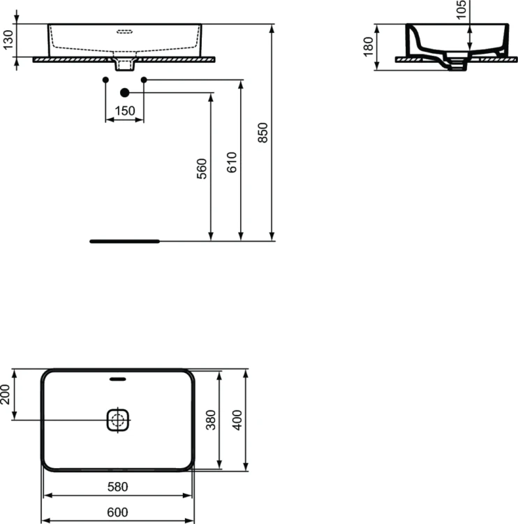 Umywalka nablatowa IDEAL STANDARD STRADA II 60x40cm, prostokątna, bez otworu, biała T299901
