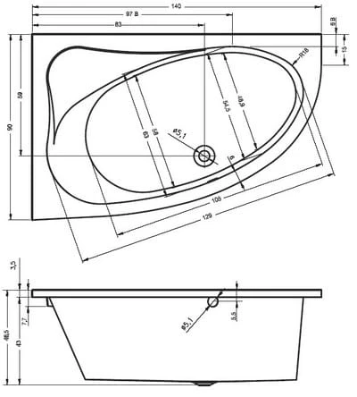 Wanna asymetryczna RIHO LYRA 140x90cm, prawa, biała BA65
