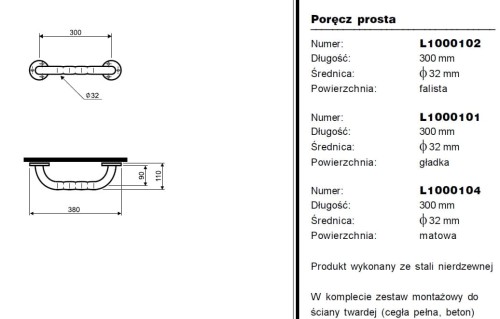 Poręcz KOŁO LEHNEN prosta ścienna chrom falista L300 L1000102