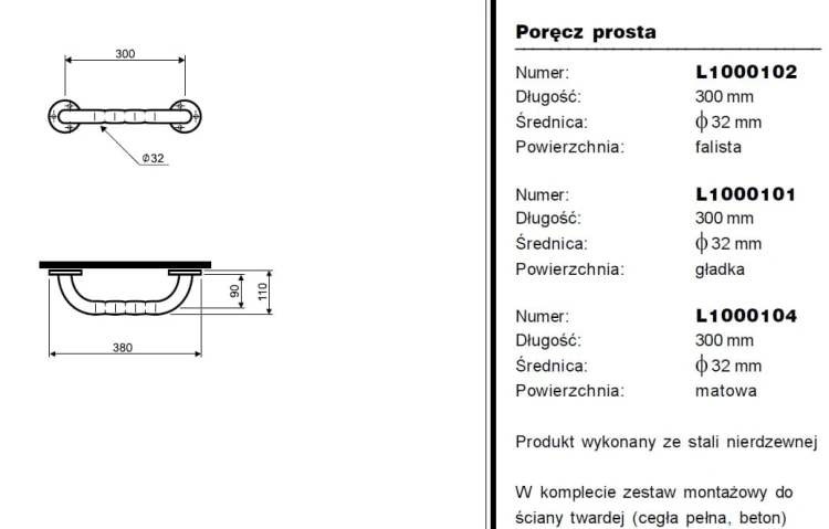 Poręcz KOŁO LEHNEN prosta ścienna chrom falista L300 L1000102