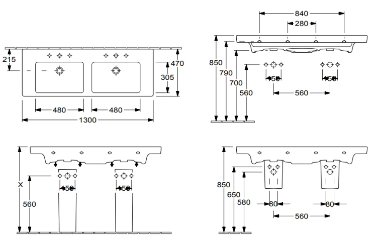 Umywalka meblowa VILLEROY&BOCH SUBWAY 2.0 130x47cm, 2 otwory, biała 7175D001