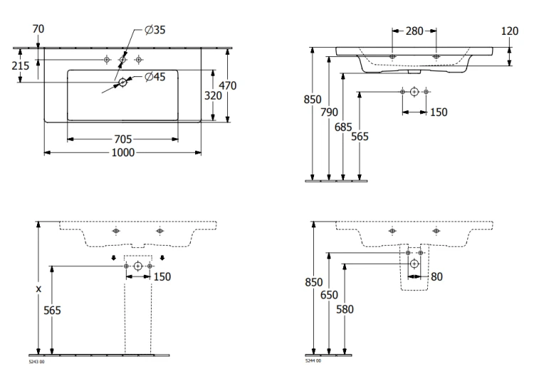 Umywalka meblowa VILLEROY&BOCH SUBWAY 3.0 100x47cm, biała 4A70A501