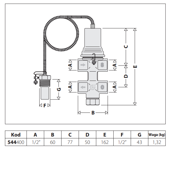 Zawór upustowy temperaturowy CALEFFI z kapilarą, 1/2", 6bar 544400