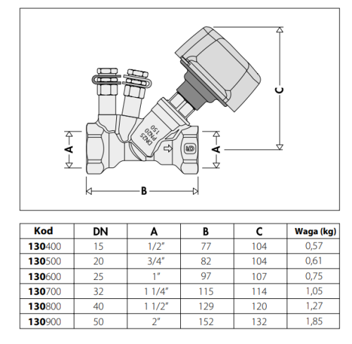 Zawór równoważący CALEFFI 1/2", ręczny 130400