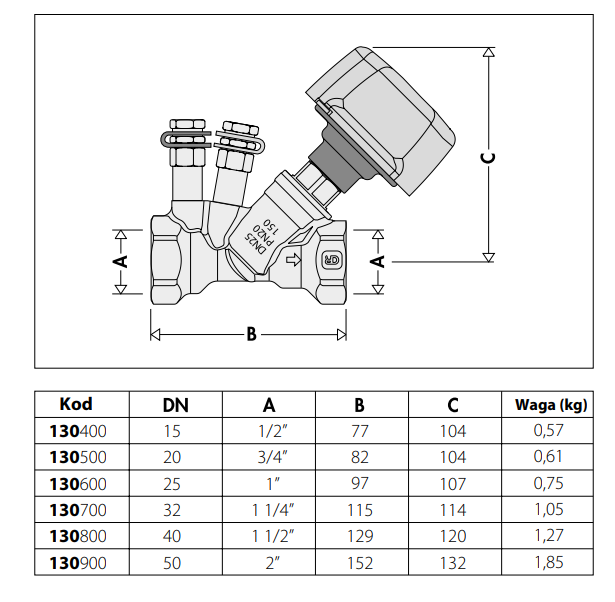 Zawór równoważący CALEFFI 1/2", ręczny 130400