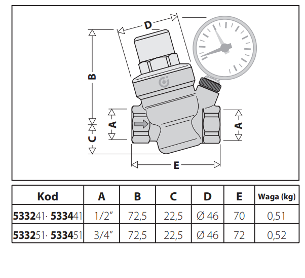 Reduktor ciśnienia CALEFFI 1/2", 1-6bar, z manometrem 533241