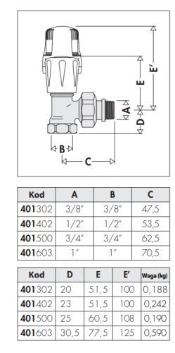 Zawór termostatyczny CALEFFI 1/2", kątowy 401402