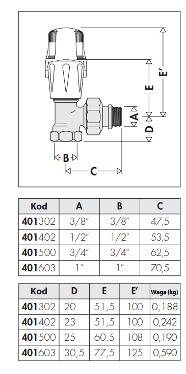 Zawór termostatyczny CALEFFI 1/2", kątowy 401402