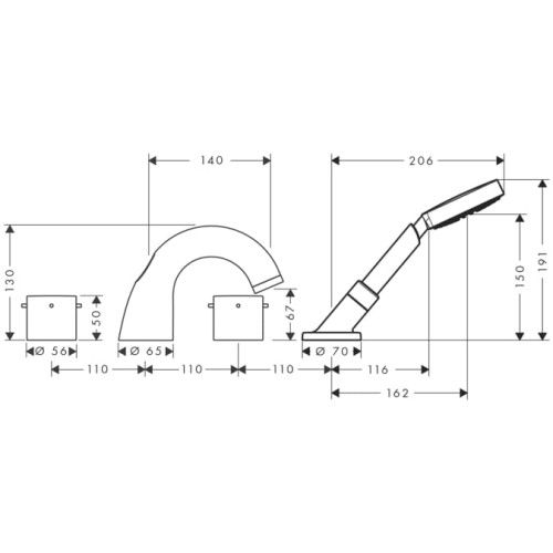 Bateria wannowa AXOR STARCK 4 otworowa, el.zew., wylewka 140mm, chrom 10444000
