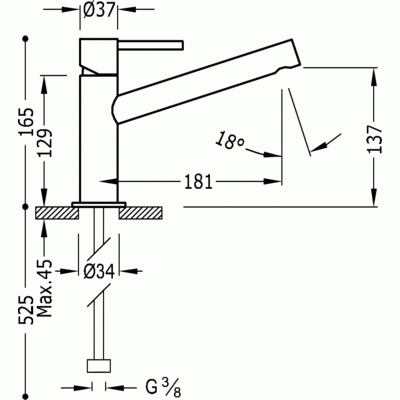 Bateria umywalkowa TRES MAX fi 37mm, uchwyt z patyczkiem, wylewka 181mm, chrom 06220301
