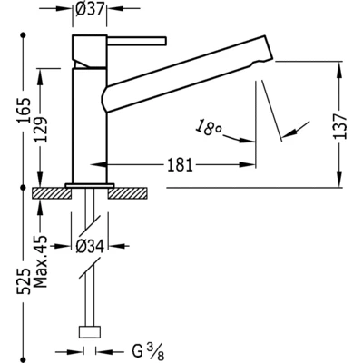 Bateria umywalkowa TRES MAX fi 37mm, uchwyt z patyczkiem, wylewka 181mm, chrom 06220301