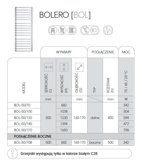 Grzejnik łazienkowy INSTAL PROJEKT BOLERO 50x70cm, moc 342W, podłączenie boczne, biały BOL-50/70B